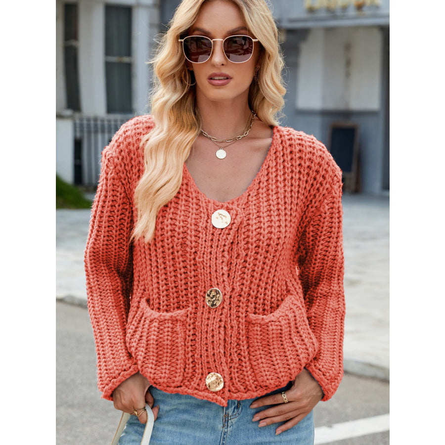 Round Neck Button Up Cardigan with Pockets Orange / S Apparel and Accessories