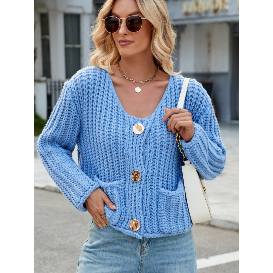 Round Neck Button Up Cardigan with Pockets Sky Blue / S Apparel and Accessories