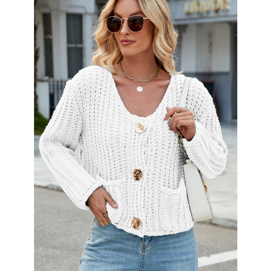 Round Neck Button Up Cardigan with Pockets White / S Apparel and Accessories