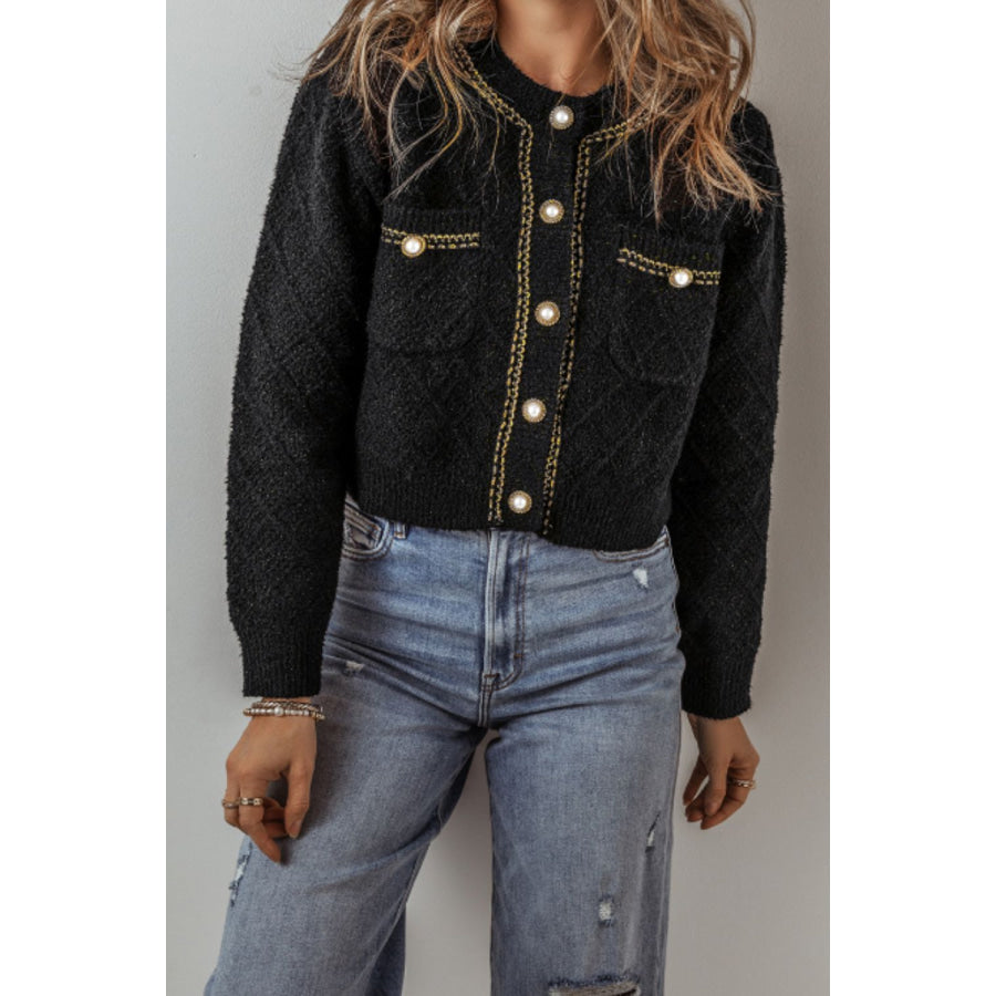 Round Neck Button Up Long Sleeve Cardigan Black / S Apparel and Accessories