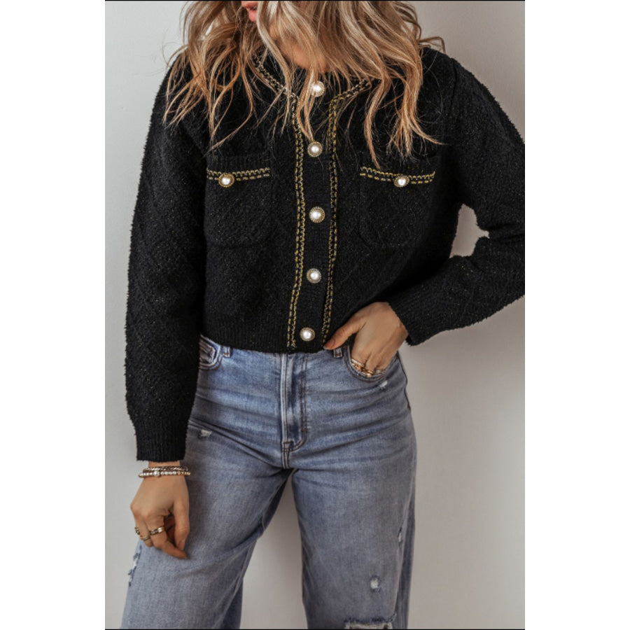 Round Neck Button Up Long Sleeve Cardigan Black / S Apparel and Accessories