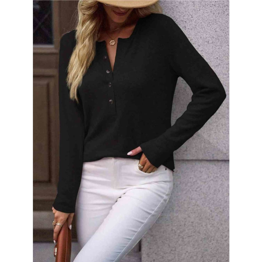 Round Neck Buttoned Long Sleeve T-Shirt Black / S