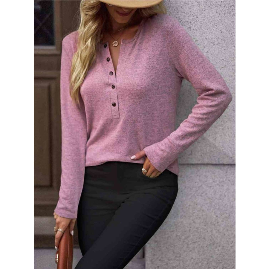 Round Neck Buttoned Long Sleeve T-Shirt Blush Pink / S