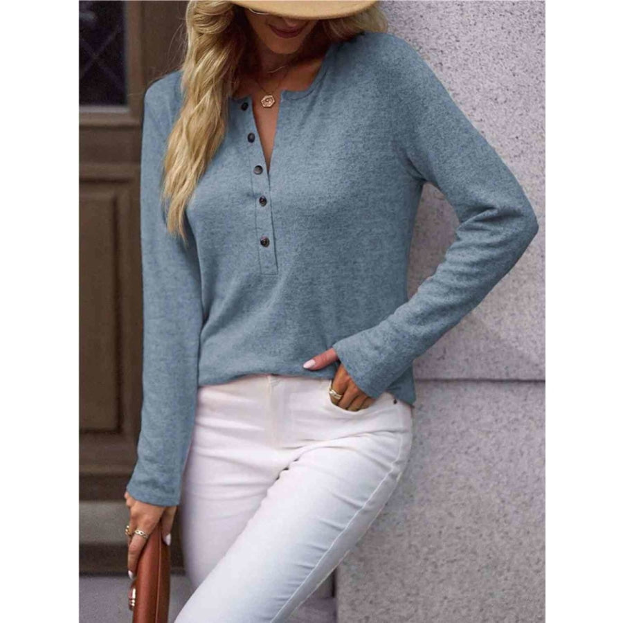 Round Neck Buttoned Long Sleeve T-Shirt Cloudy Blue / S