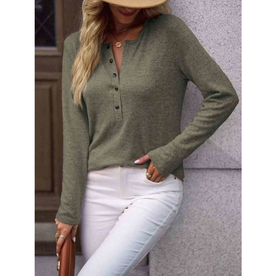 Round Neck Buttoned Long Sleeve T-Shirt Sage / S