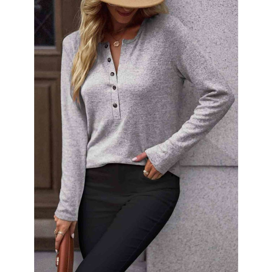 Round Neck Buttoned Long Sleeve T-Shirt