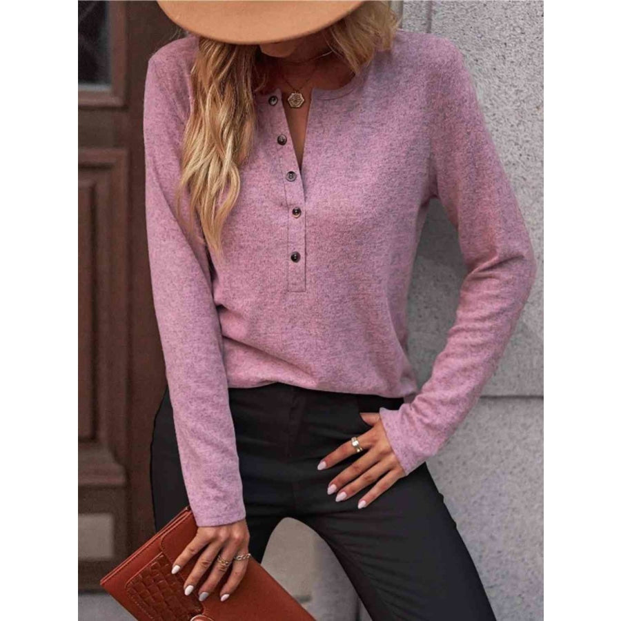 Round Neck Buttoned Long Sleeve T-Shirt