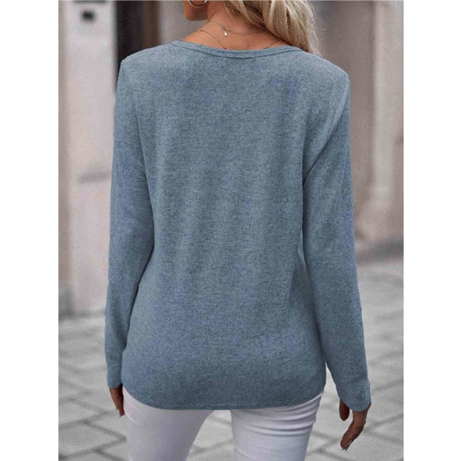 Round Neck Buttoned Long Sleeve T-Shirt