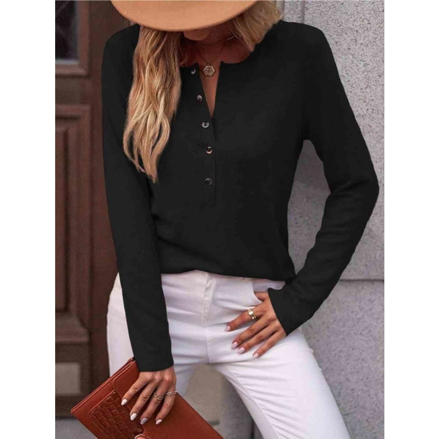 Round Neck Buttoned Long Sleeve T-Shirt