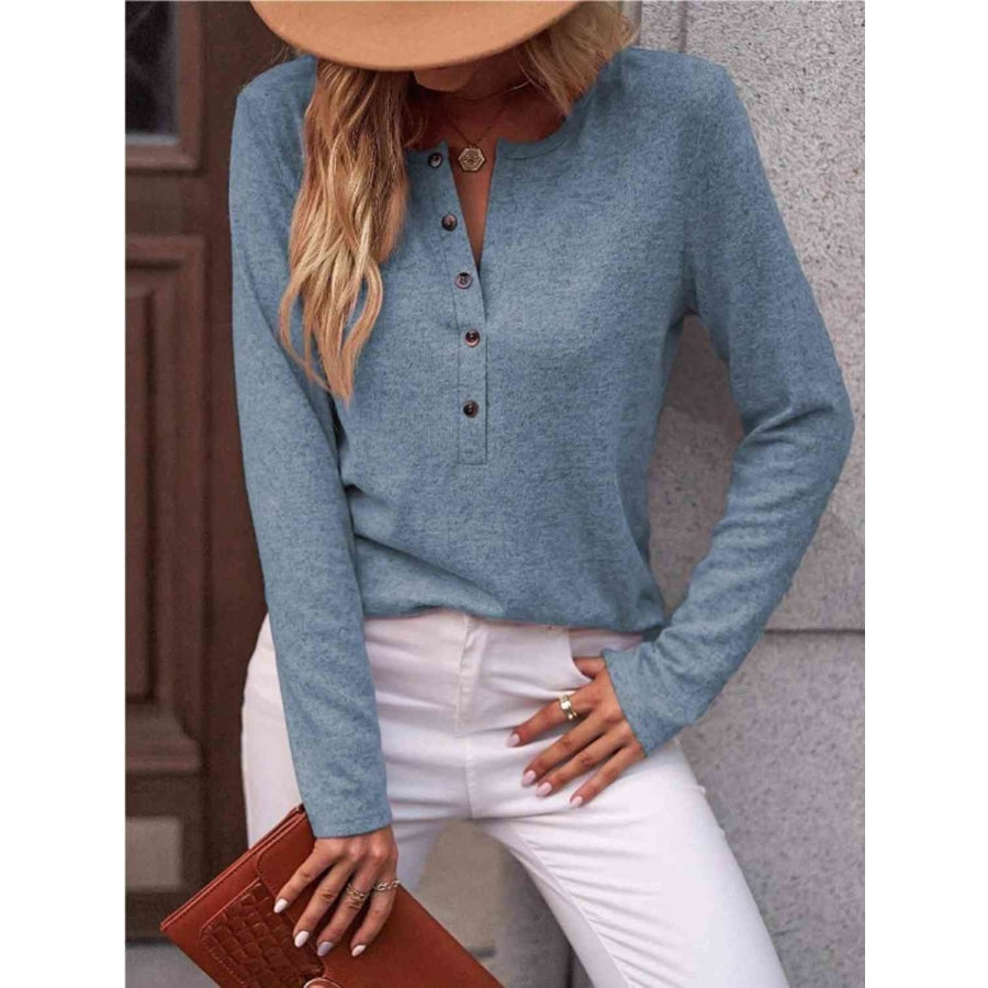 Round Neck Buttoned Long Sleeve T-Shirt