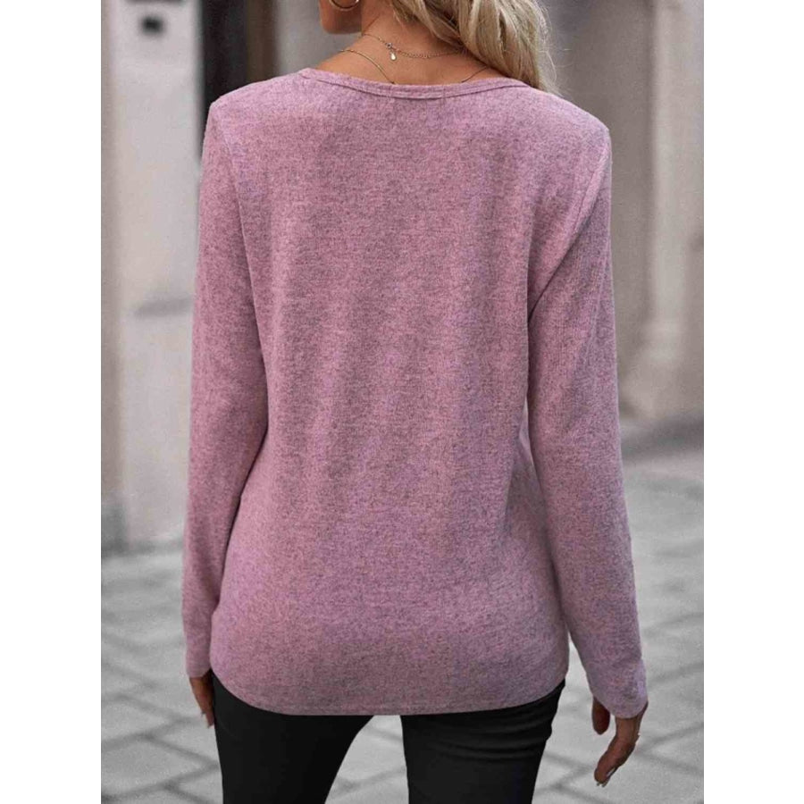 Round Neck Buttoned Long Sleeve T-Shirt