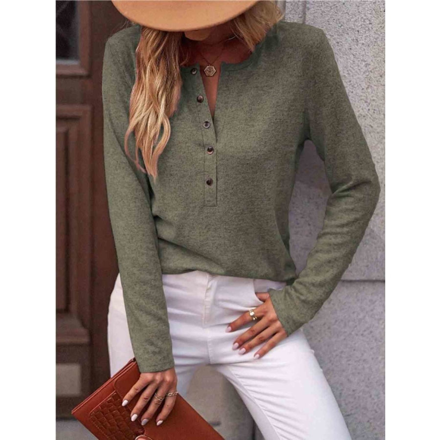 Round Neck Buttoned Long Sleeve T-Shirt