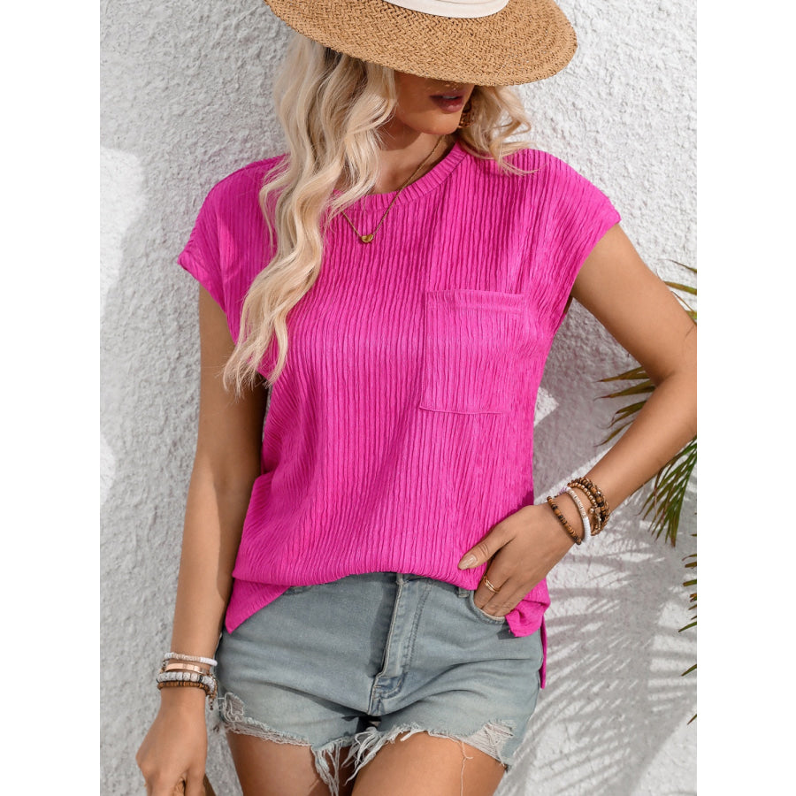 Round Neck Cap Sleeve Blouse Apparel and Accessories