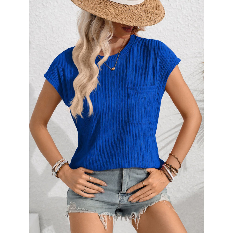 Round Neck Cap Sleeve Blouse Apparel and Accessories