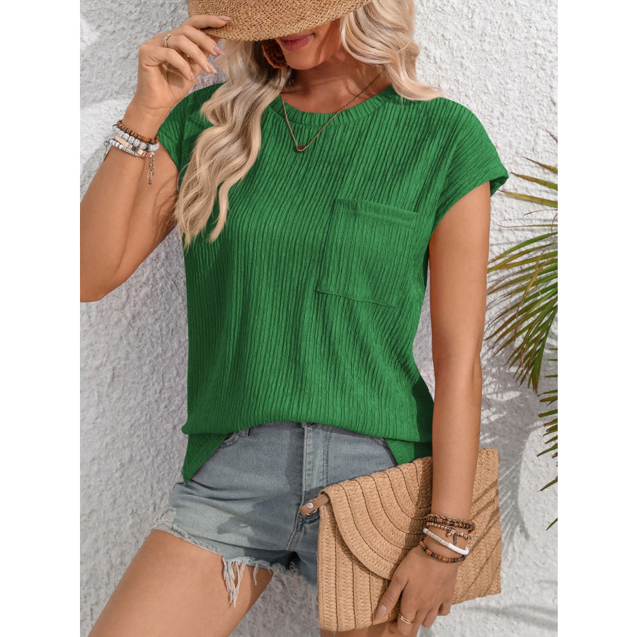 Round Neck Cap Sleeve Blouse Apparel and Accessories