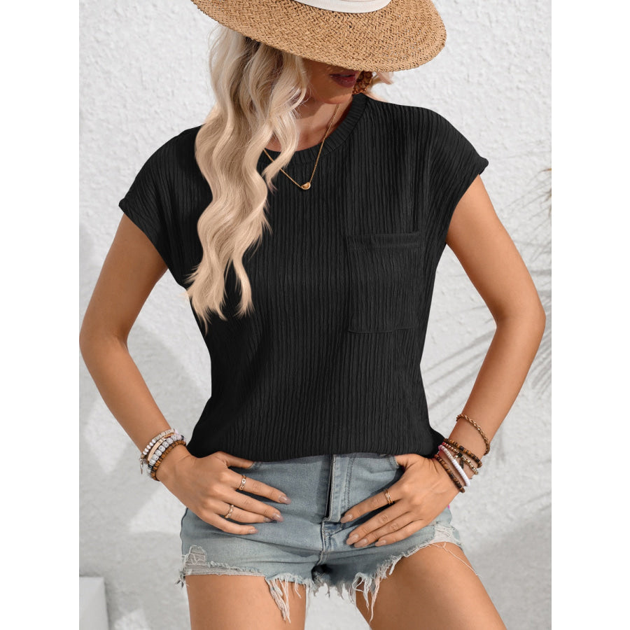 Round Neck Cap Sleeve Blouse Black / S Apparel and Accessories