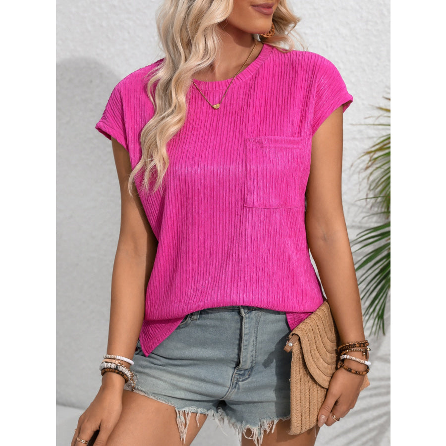 Round Neck Cap Sleeve Blouse Cerise / S Apparel and Accessories