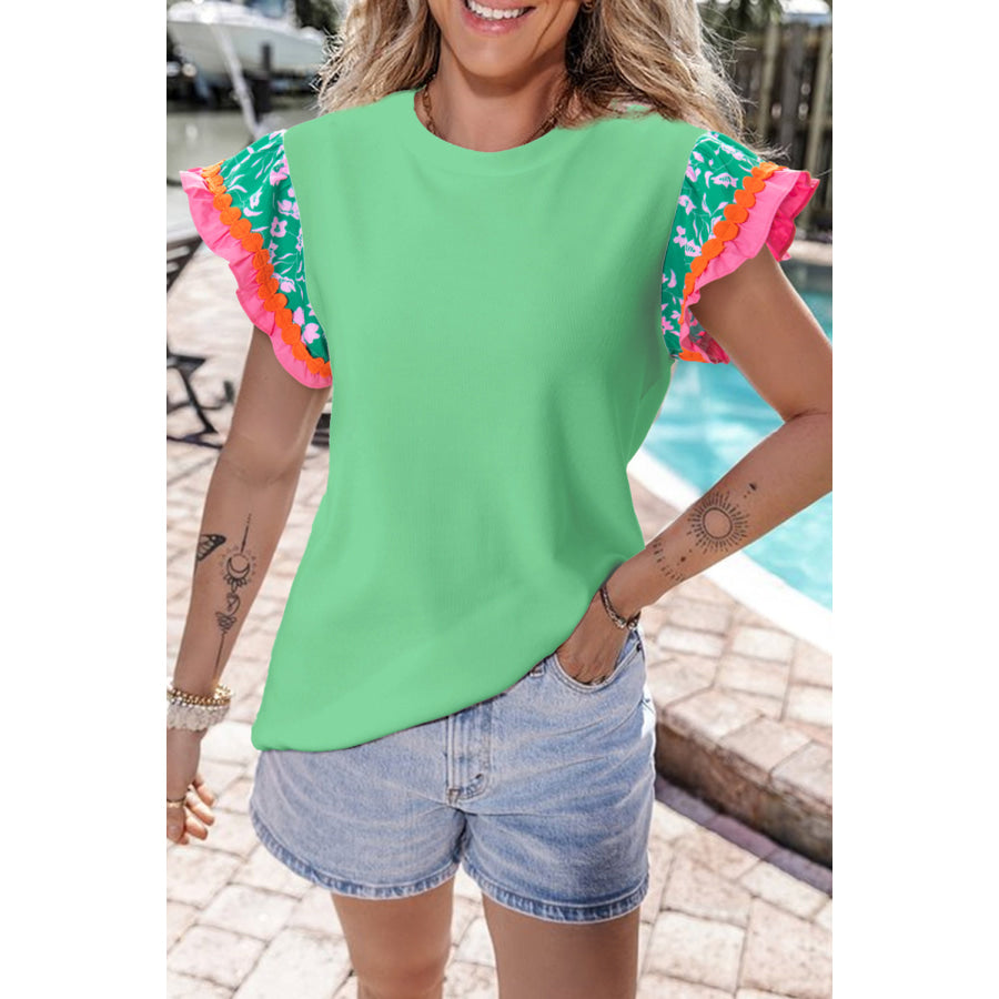 Round Neck Cap Sleeve Blouse Light Green / L Apparel and Accessories