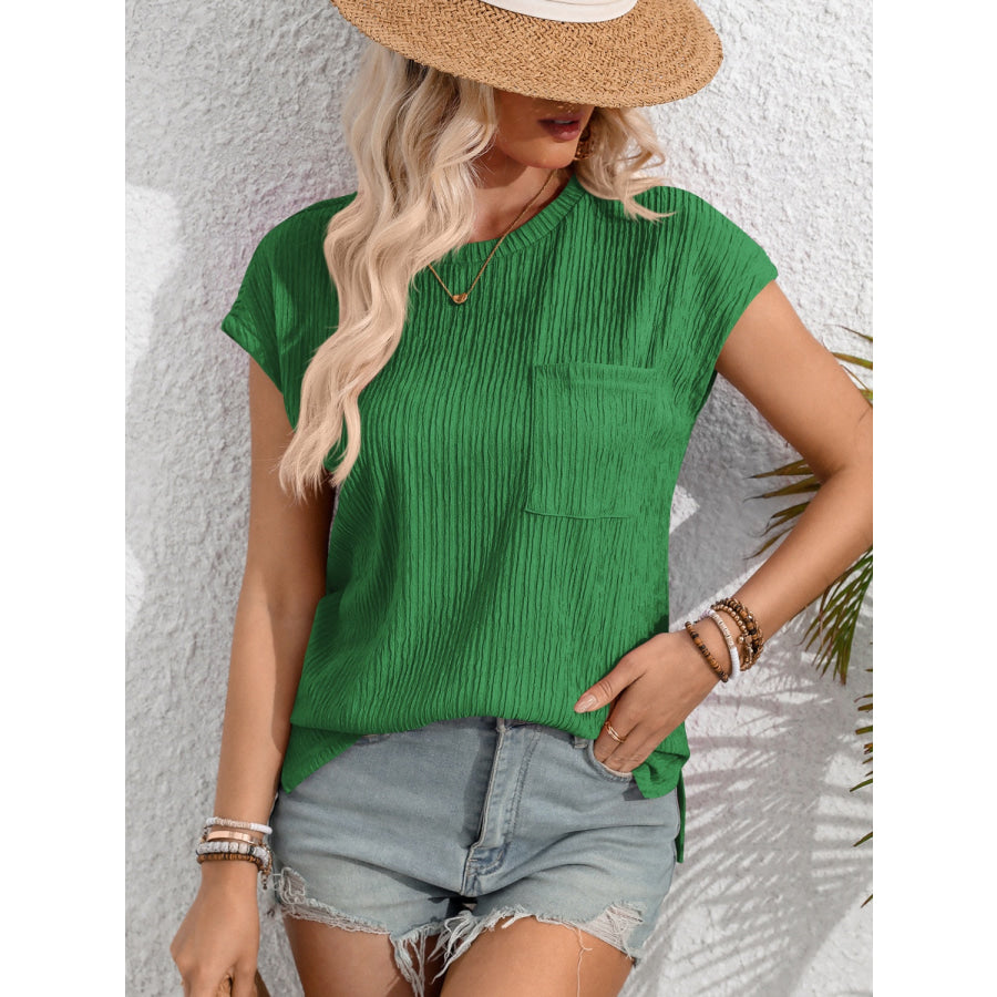 Round Neck Cap Sleeve Blouse Mid Green / S Apparel and Accessories