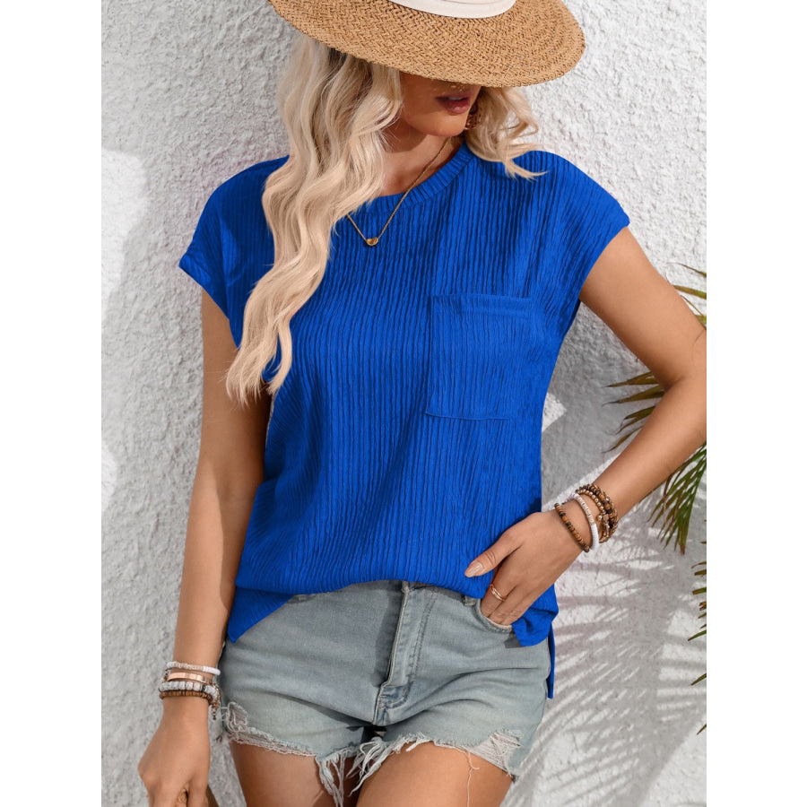 Round Neck Cap Sleeve Blouse Royal Blue / S Apparel and Accessories