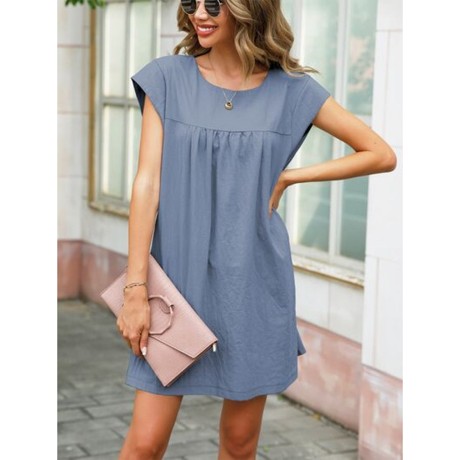 Round Neck Cap Sleeve Dress Dusty Blue / S Apparel and Accessories