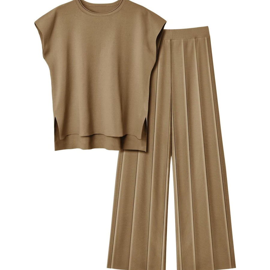 Round Neck Cap Sleeve Top and Pants Knit Set Apparel and Accessories