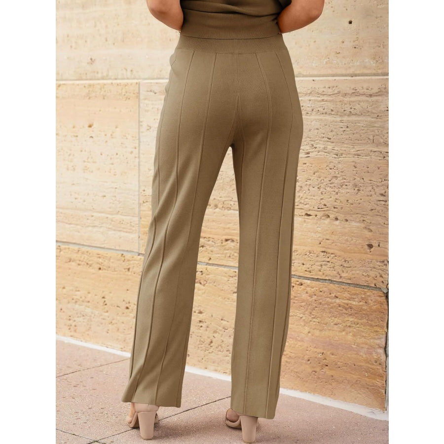 Round Neck Cap Sleeve Top and Pants Knit Set Camel / S Apparel and Accessories