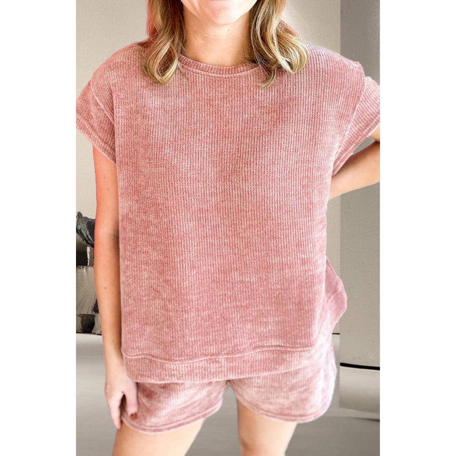 Round Neck Cap Sleeve Top and Shorts Set Dusty Pink / S Apparel and Accessories