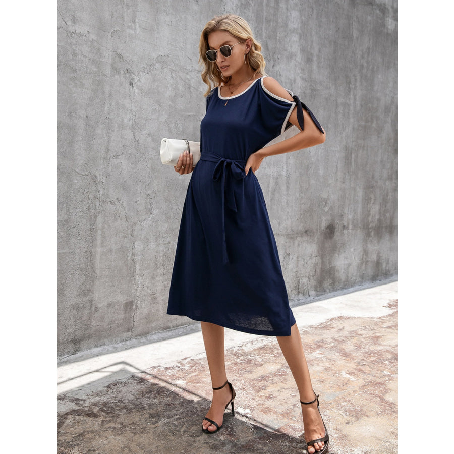 Round Neck Cold Shoulder Dress Navy / S Apparel and Accessories