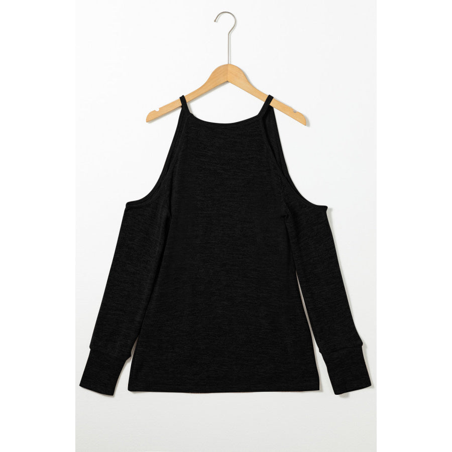 Round Neck Cold Shoulder Long Sleeve Top Apparel and Accessories