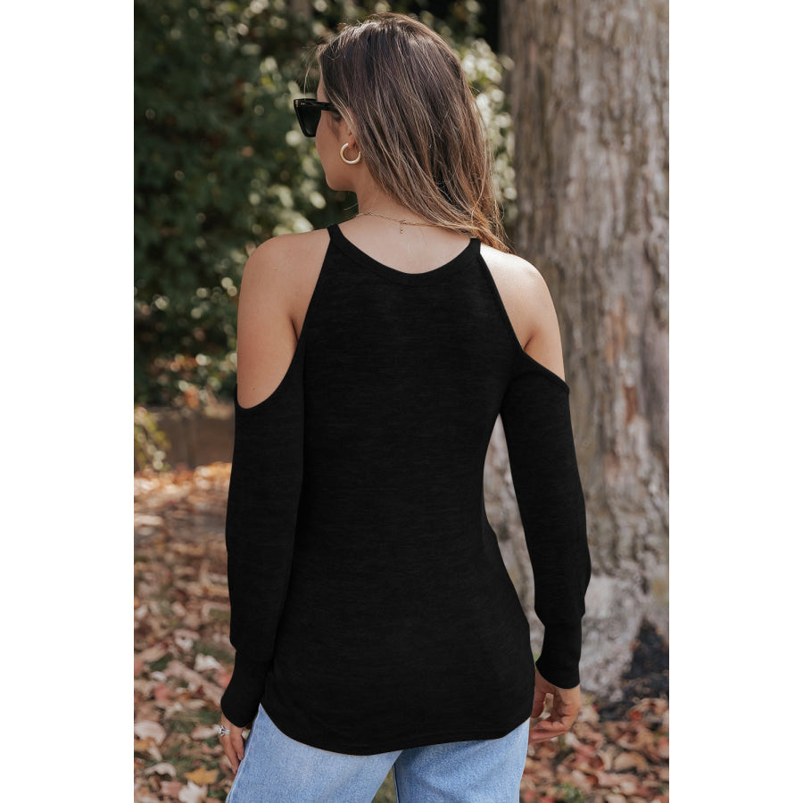 Round Neck Cold Shoulder Long Sleeve Top Apparel and Accessories