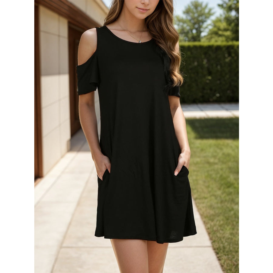 Round Neck Cold Shoulder Mini Dress Apparel and Accessories