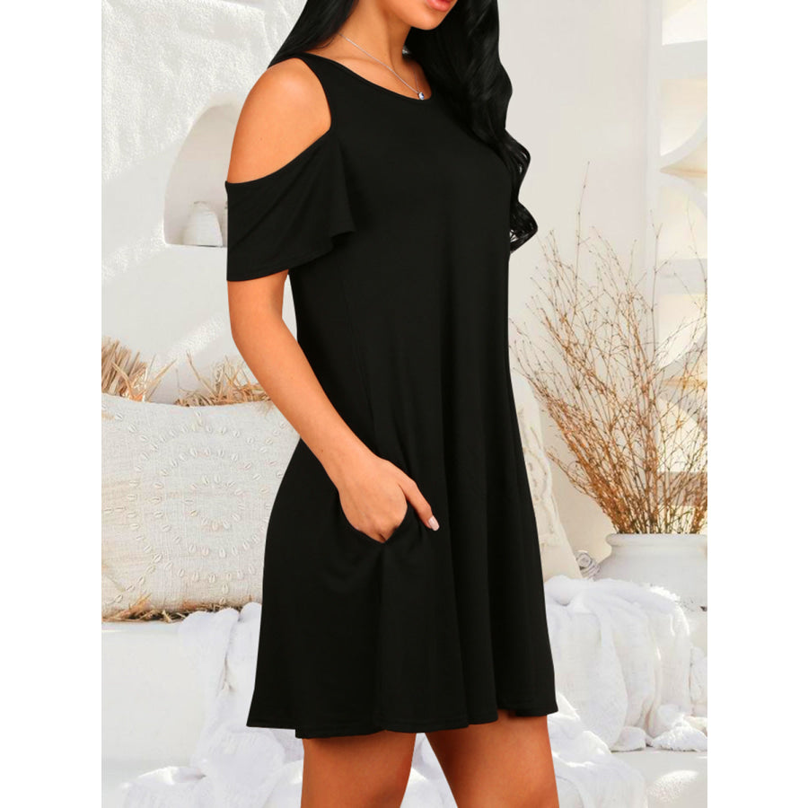 Round Neck Cold Shoulder Short Sleeve Dress Apparel and Accessories