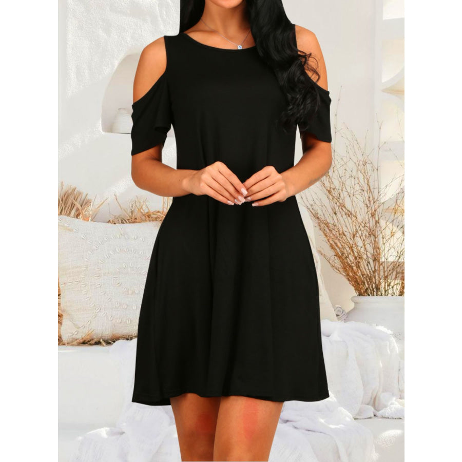 Round Neck Cold Shoulder Short Sleeve Dress Black / S Apparel and Accessories