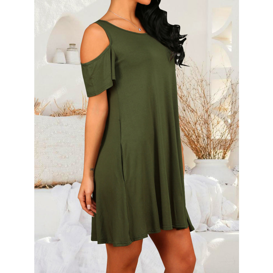 Round Neck Cold Shoulder Short Sleeve Dress Moss / S Apparel and Accessories