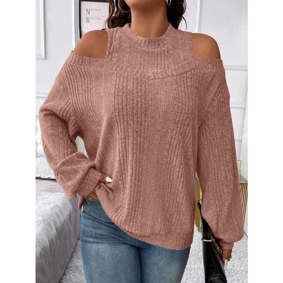 Round Neck Cold Shoulder Sweater Light Mauve / S Apparel and Accessories