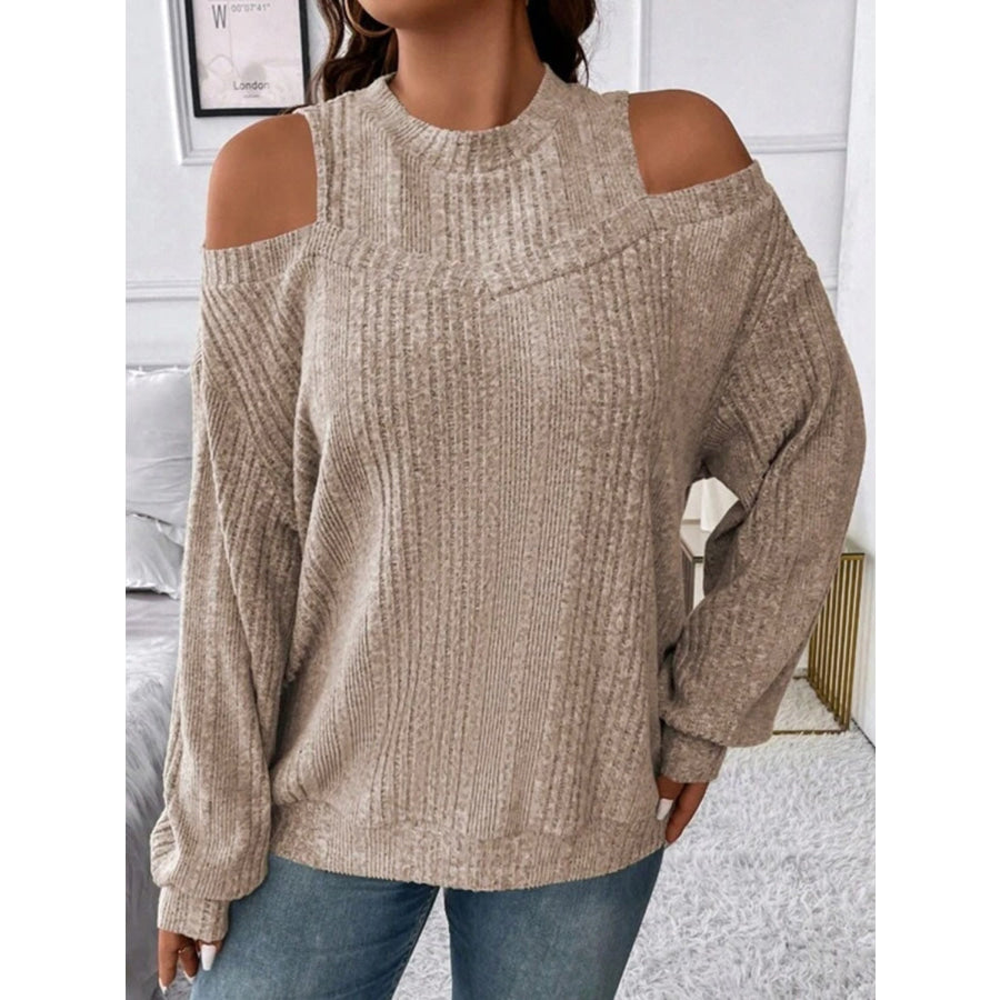 Round Neck Cold Shoulder Sweater Mocha / S Apparel and Accessories