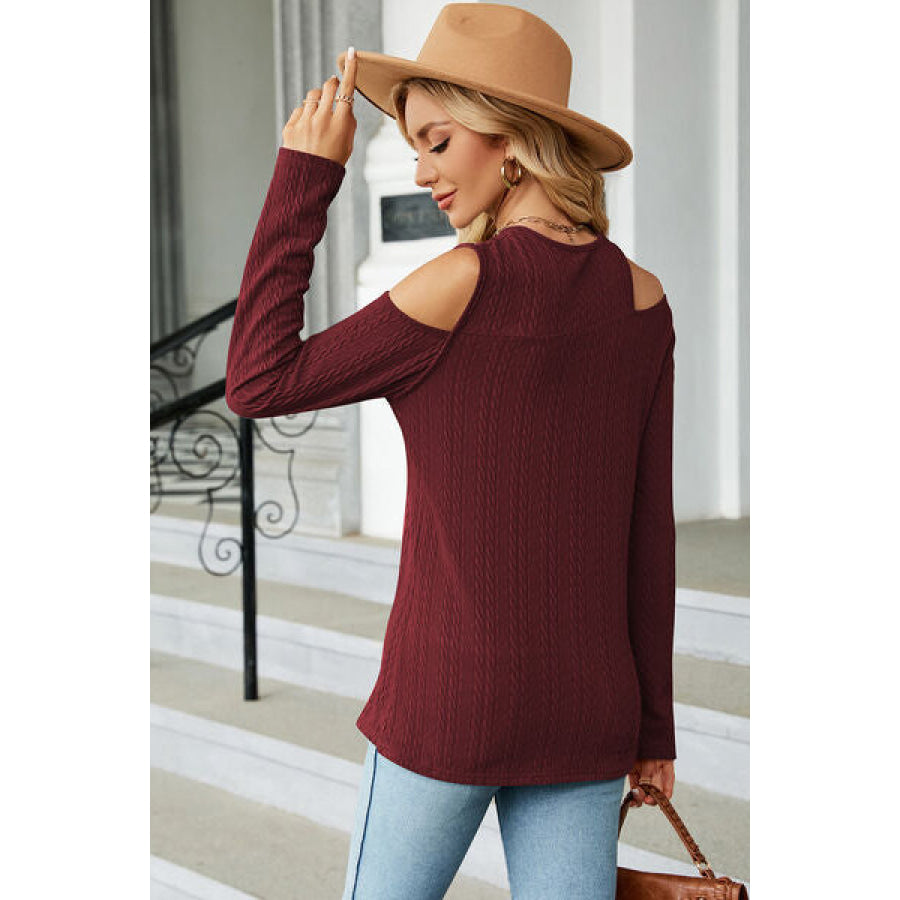 Round Neck Cold Shoulder T - Shirt Wine / S Apparel and Accessories