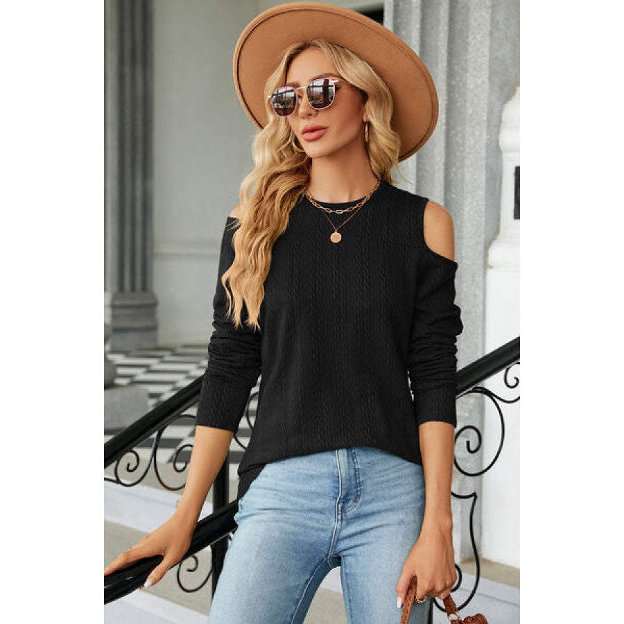 Round Neck Cold Shoulder T - Shirt Black / S Apparel and Accessories