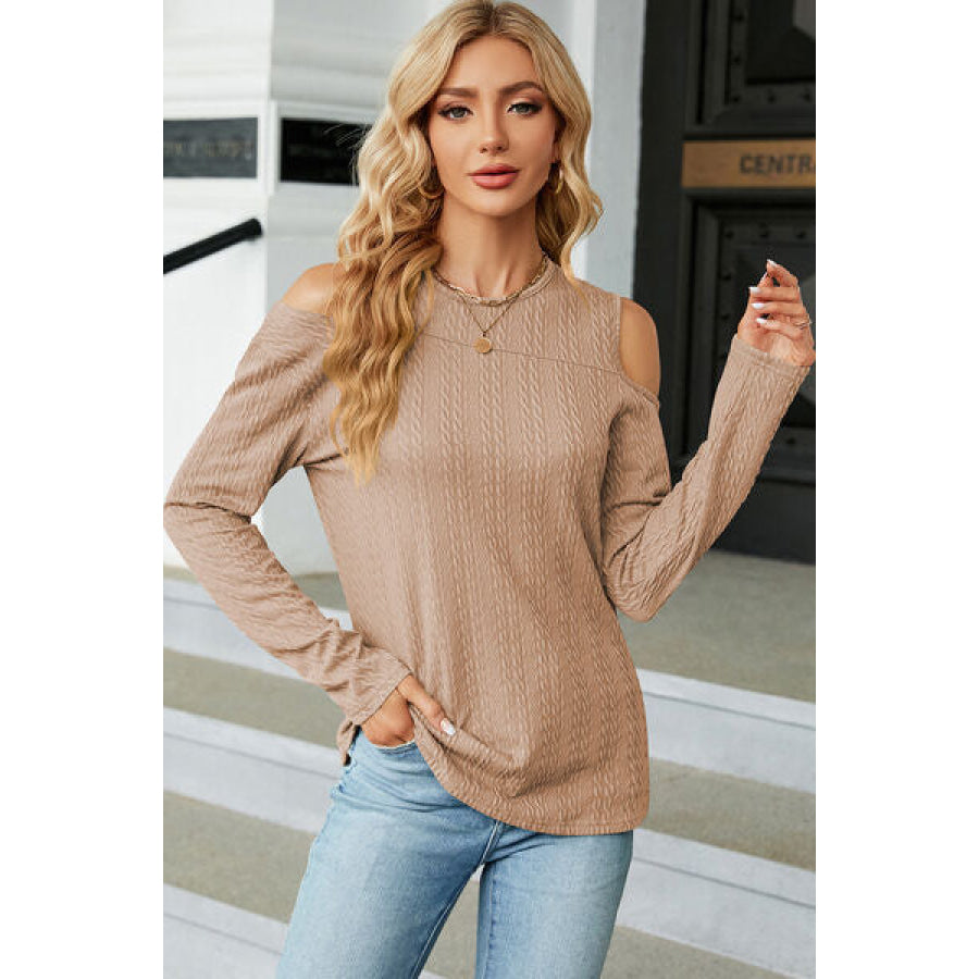 Round Neck Cold Shoulder T - Shirt Camel / S Apparel and Accessories