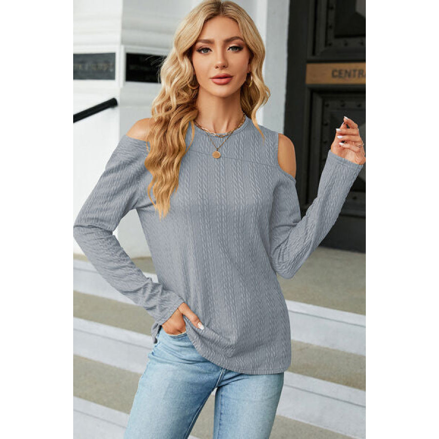 Round Neck Cold Shoulder T - Shirt Misty Blue / S Apparel and Accessories