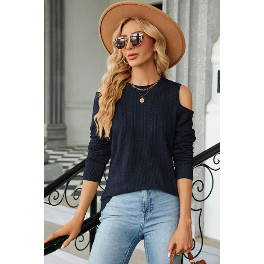 Round Neck Cold Shoulder T - Shirt Navy / S Apparel and Accessories