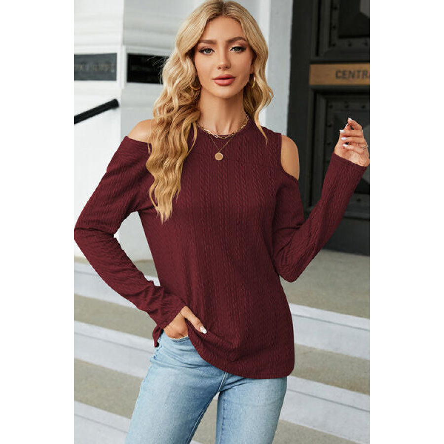 Round Neck Cold Shoulder T - Shirt Wine / S Apparel and Accessories