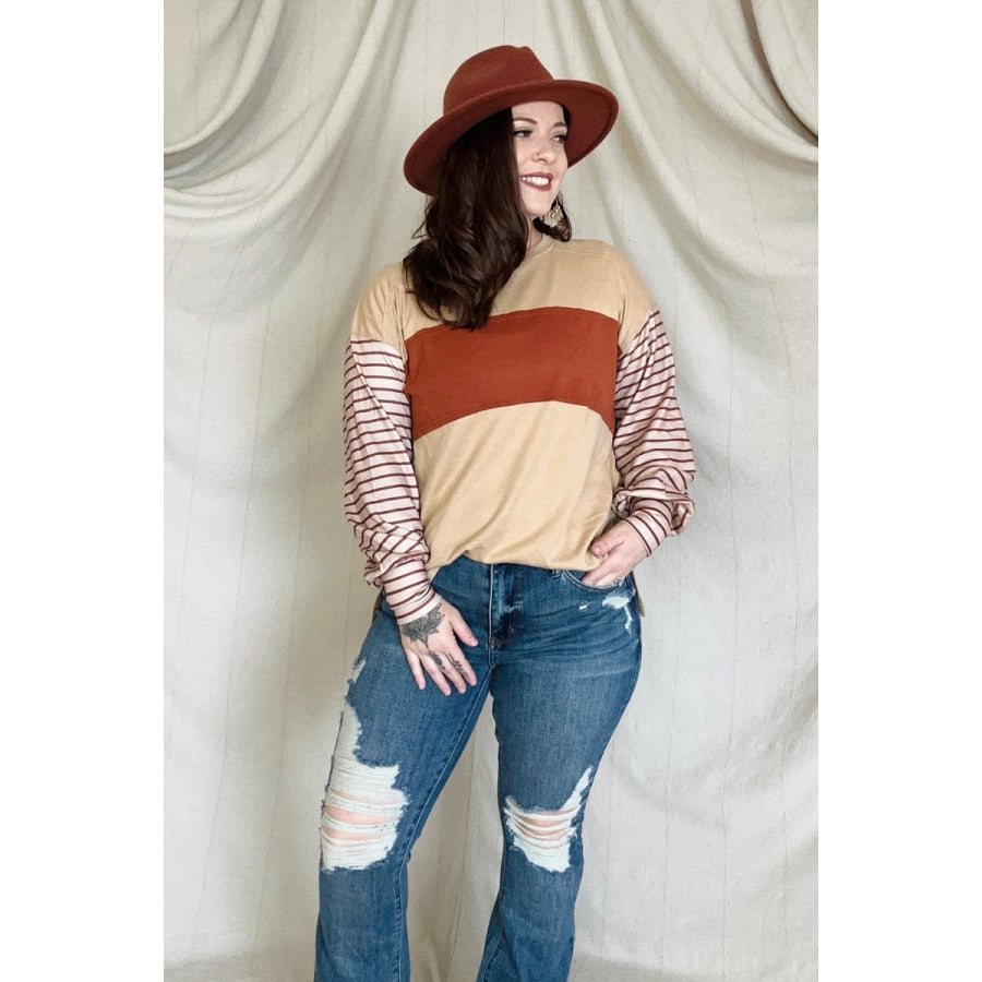 Round Neck Colorblock Striped Bishop Sleeve Top T-shirts