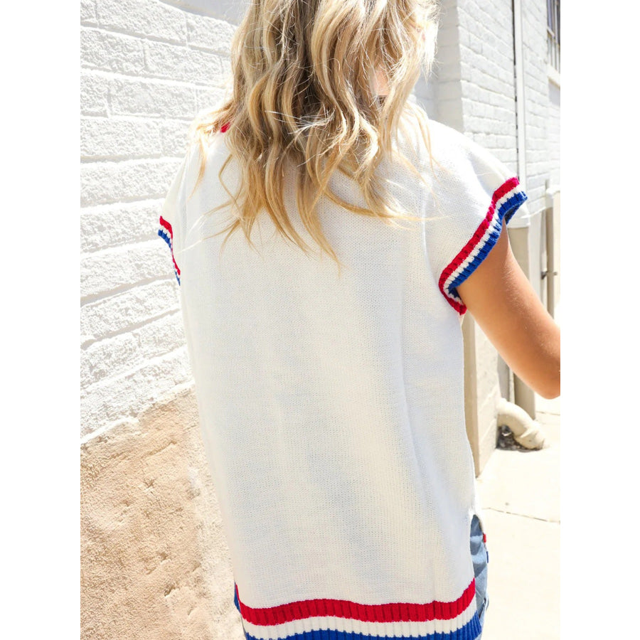 Round Neck Contrast Striped Sweater Vest Apparel and Accessories