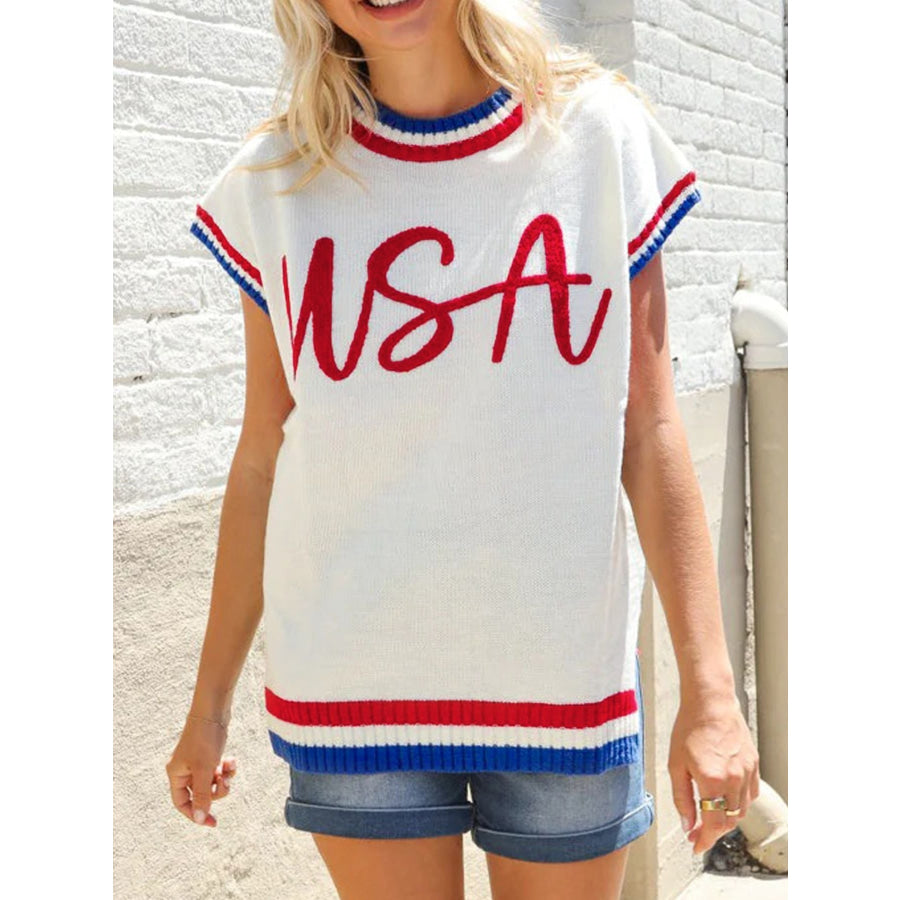 Round Neck Contrast Striped Sweater Vest White / S Apparel and Accessories
