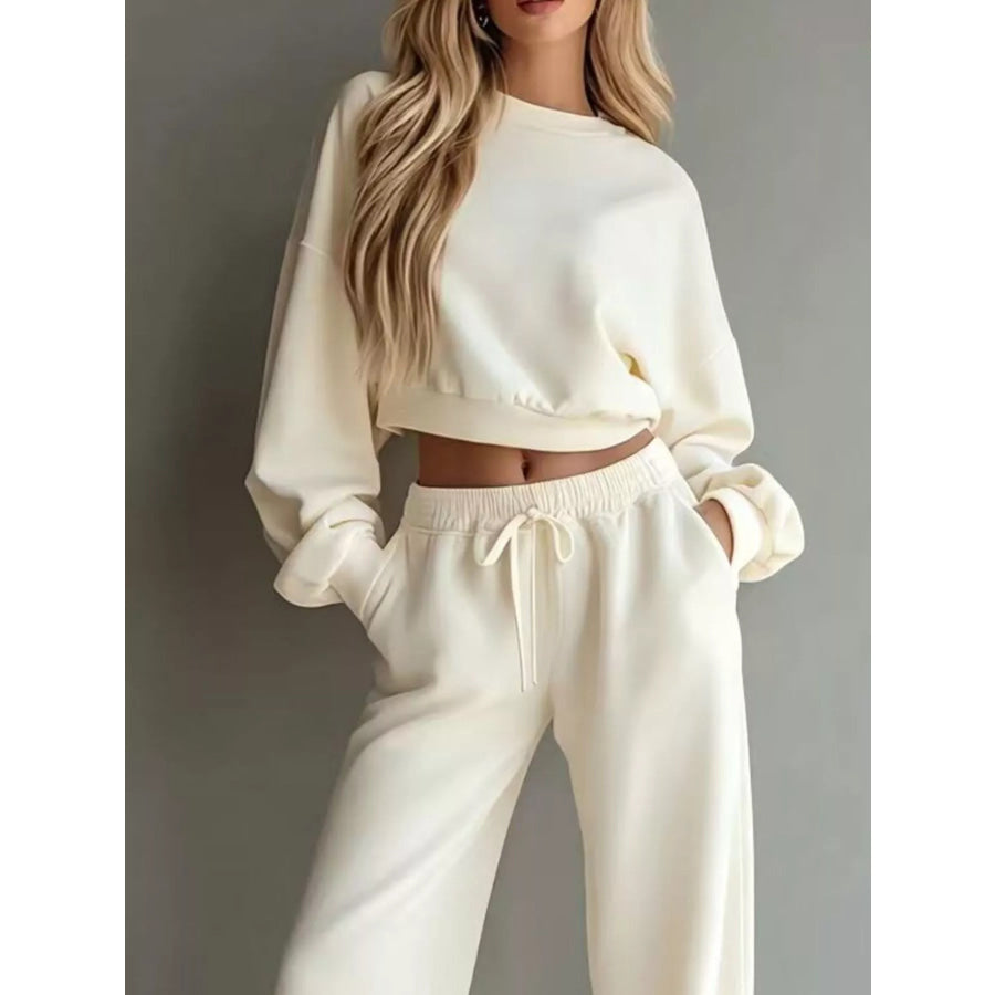 Round Neck Cropped Sweatshirt and Wide-Leg Pants Apparel and Accessories