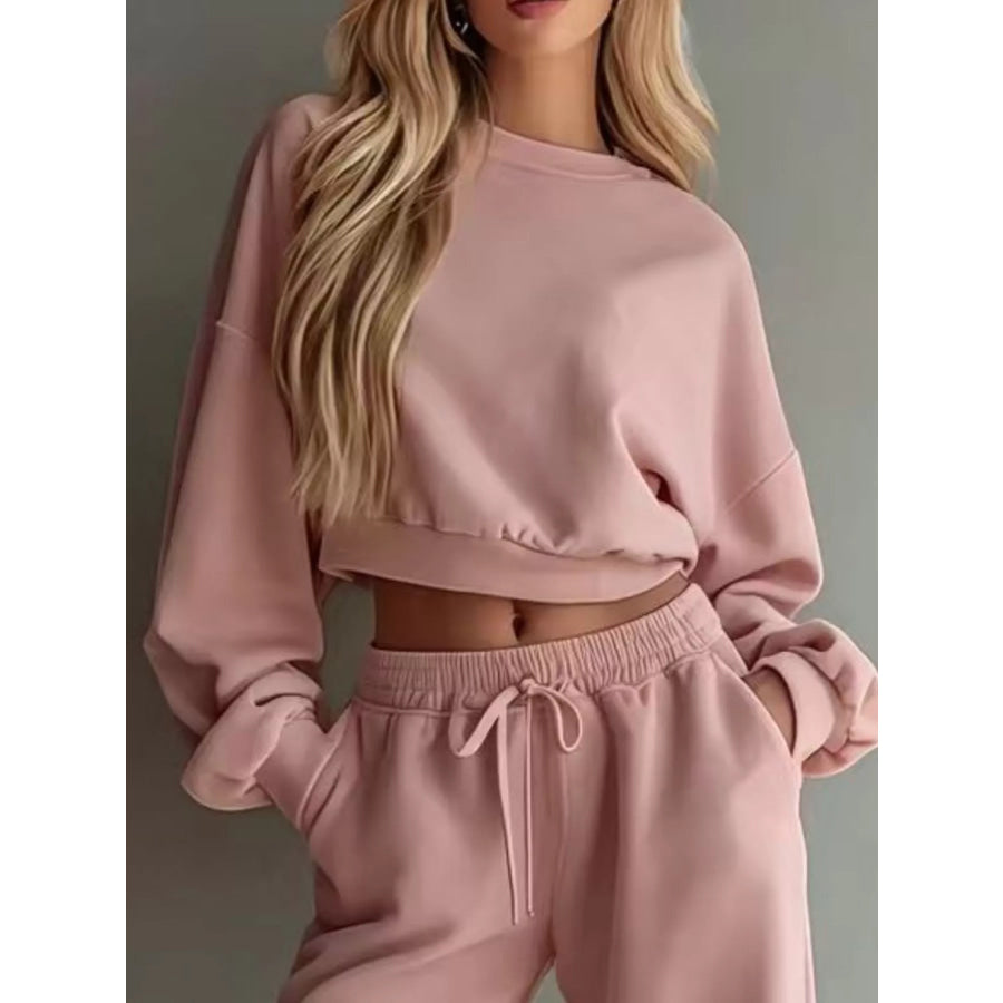 Round Neck Cropped Sweatshirt and Wide-Leg Pants Apparel and Accessories