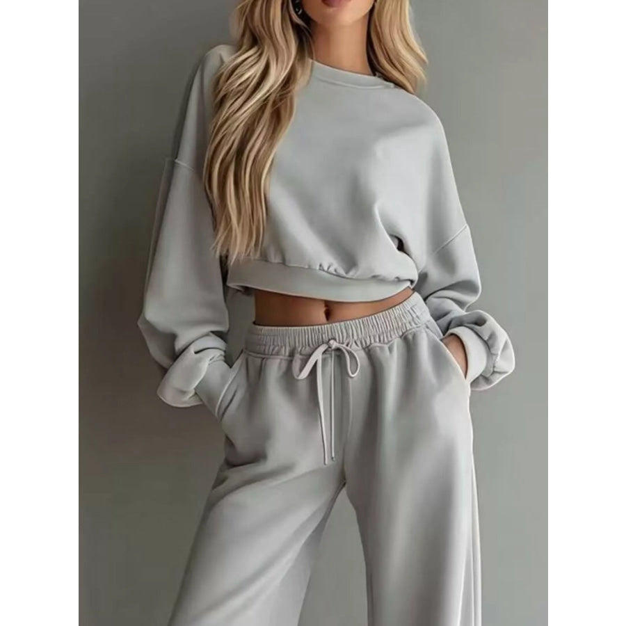 Round Neck Cropped Sweatshirt and Wide-Leg Pants Apparel and Accessories