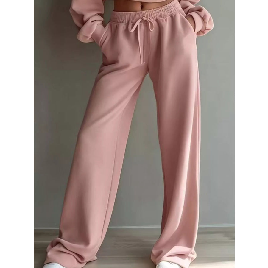 Round Neck Cropped Sweatshirt and Wide-Leg Pants Apparel and Accessories